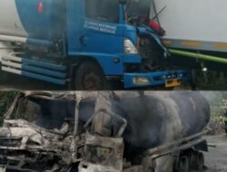 Mobil Tangki Minyak Terbakar Usai Tabrak Truk Kontainer, Jalan lintas Bayung Lencir Macet Panjang