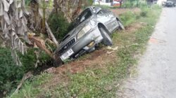 Sebuah Mobil Sedan Abu – Abu Mengalami Kecelakaan Tunggal Di Pekon Dadi Sari